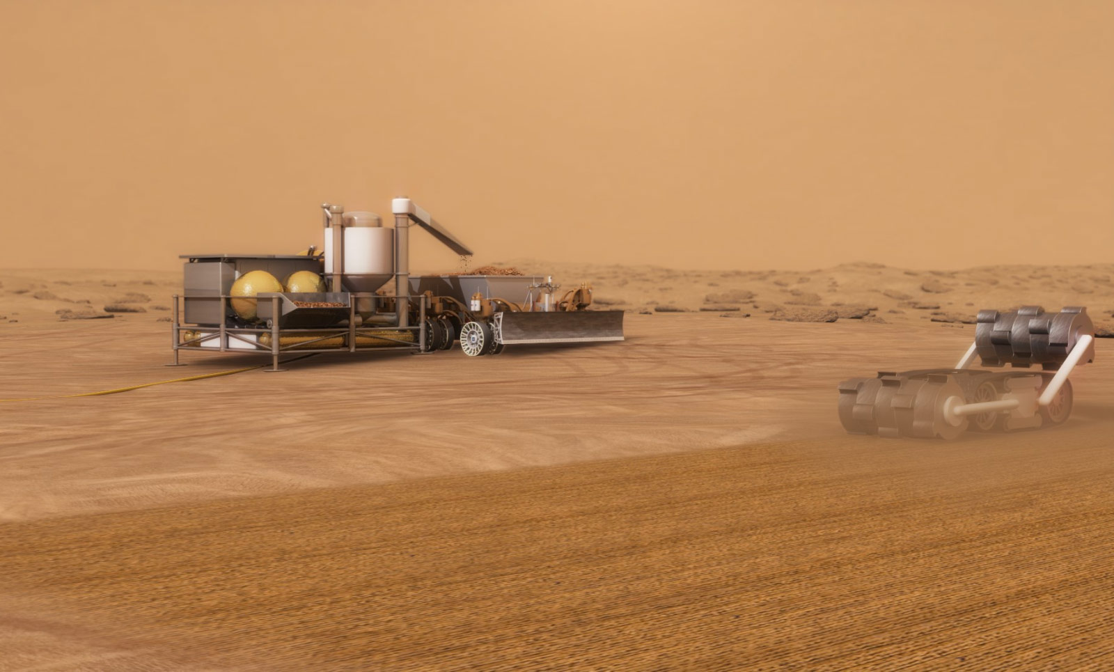 ISRU system concept for autonomous robotic excavation and processing of Mars soil to extract water for use in exploration missions.
